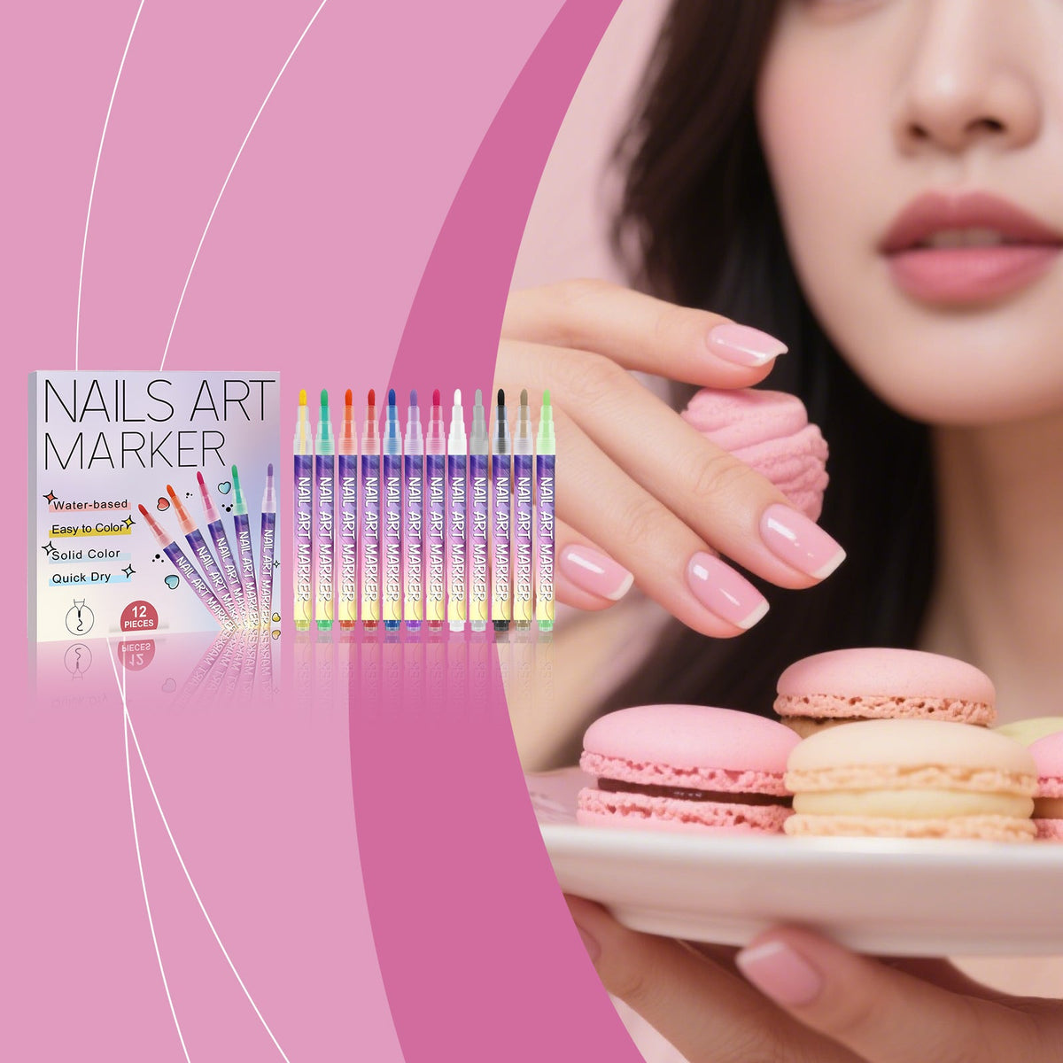 Nail art marker set with pastel pink manicure and colorful pens in display box