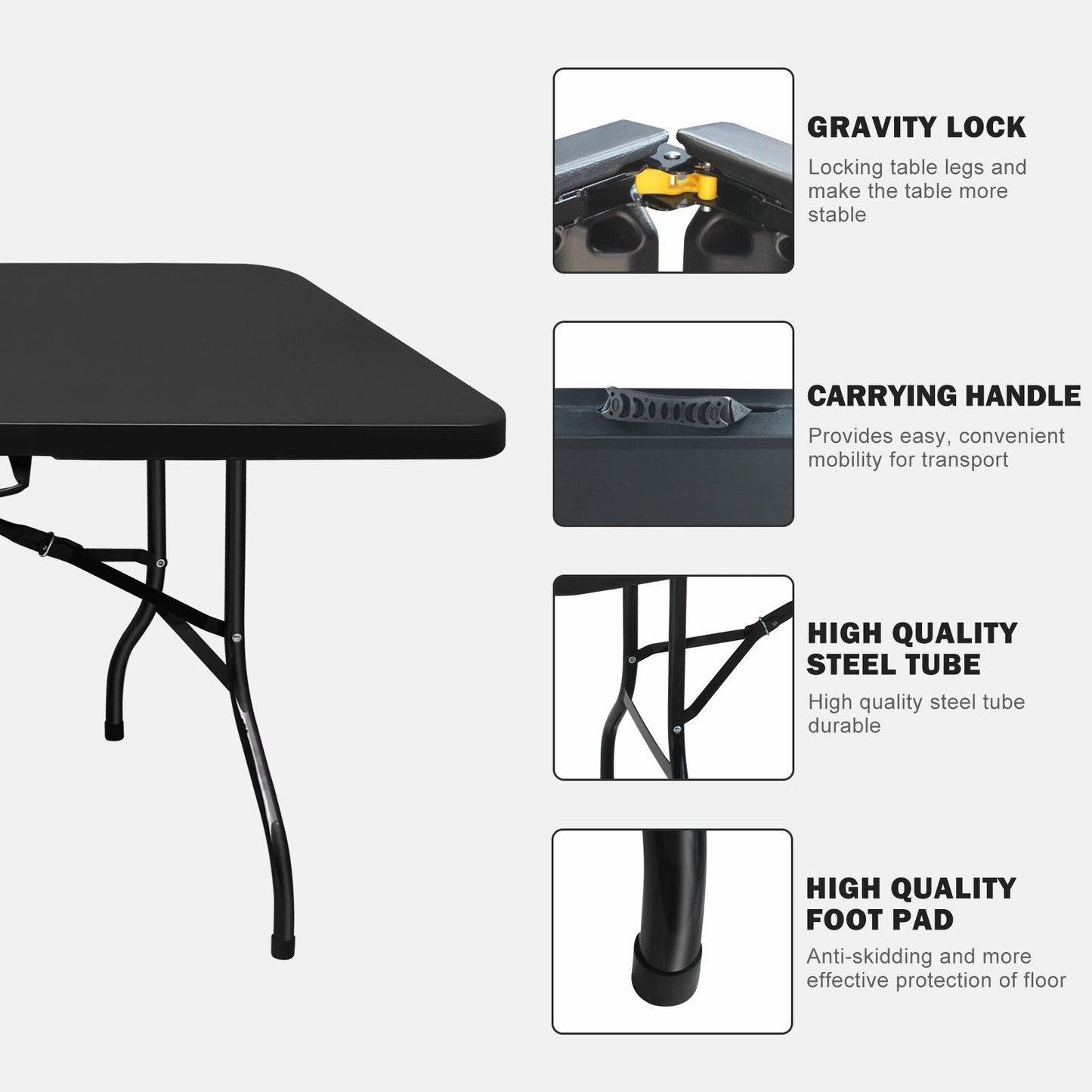 8ft Folding Table, Portable Plastic Table for Camping, Picnics, Parties, High Load Bearing Foldable Table Black - Renee Lane Company