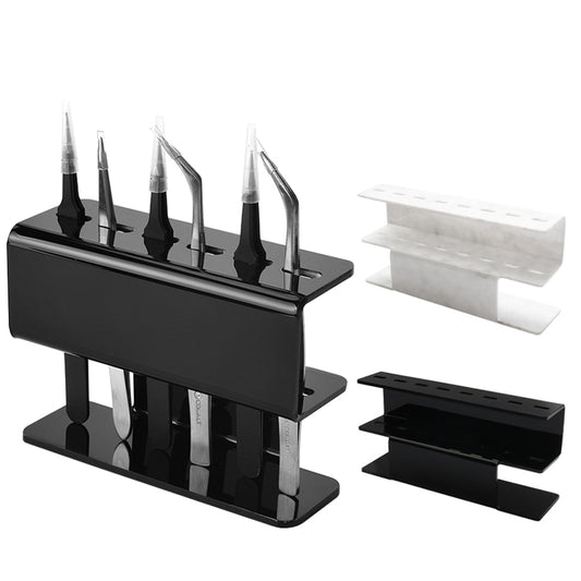 Black acrylic eyelash tweezer holder with two-tier stand and cutout slots