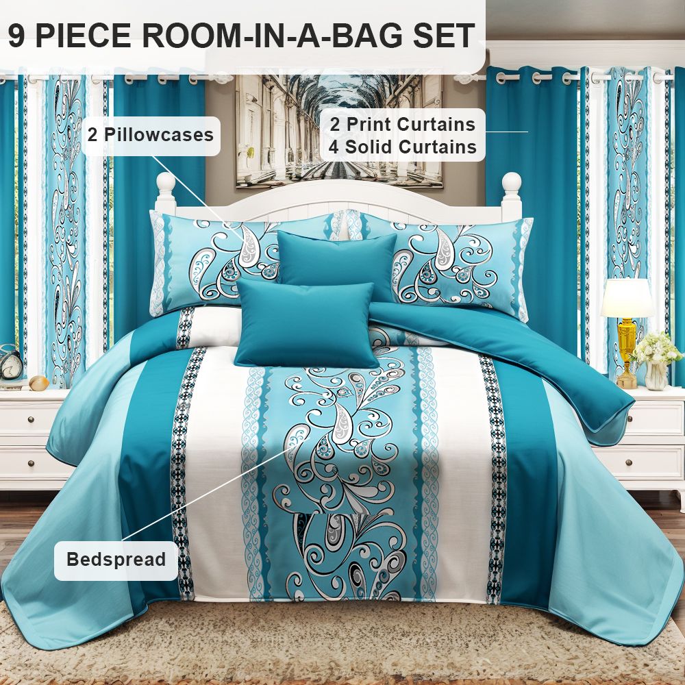 9 Piece in a Bag Thick Touch Bed Cover Curtain Set, Upgraded Luxury Bedspread Set, Bamboo microfiber All Season Bedding-Set For Home, RV Beding, Boys And Girls Gifts With Gift Bag - Renee Lane Company