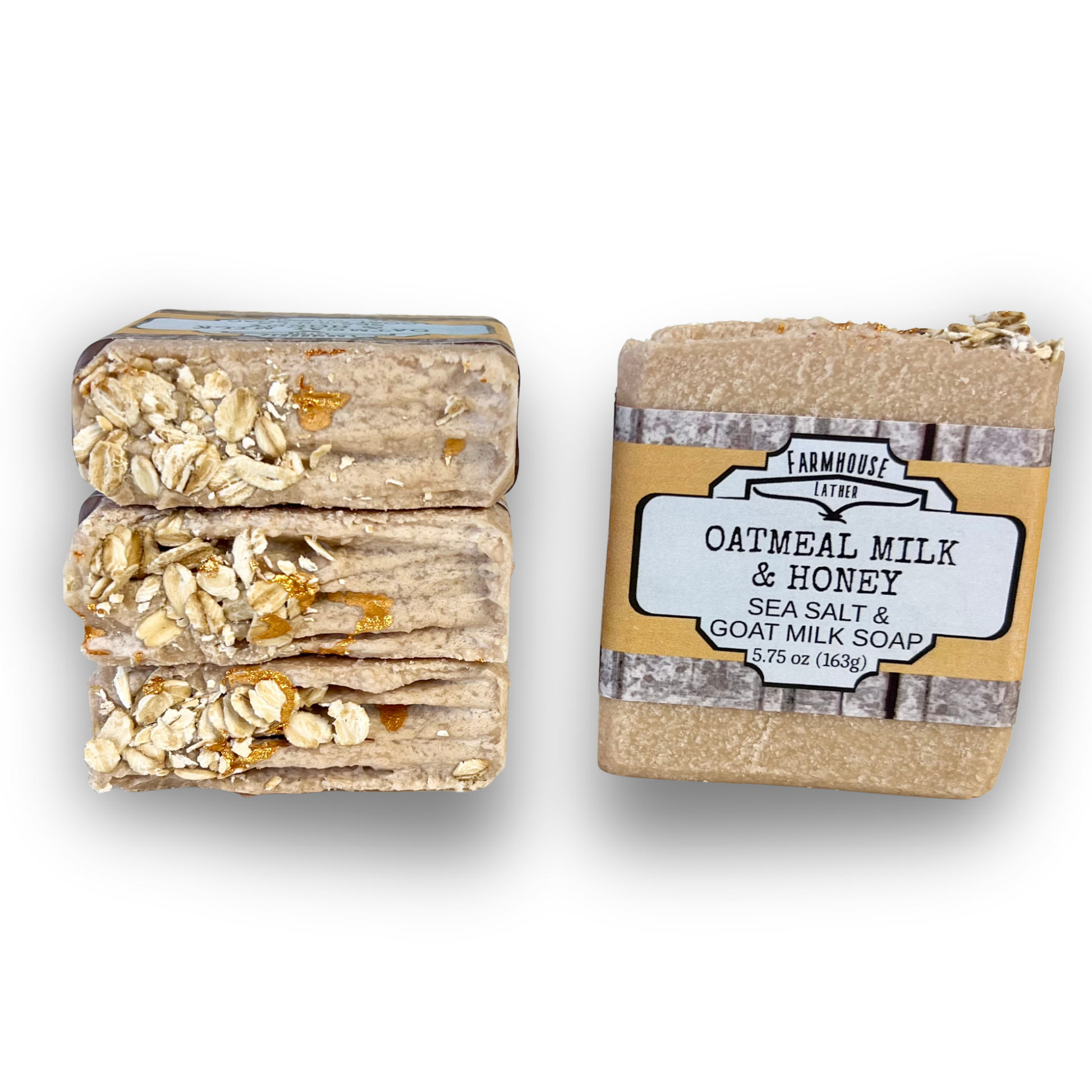 Oatmeal milk and honey sea salt soap bars, stacked with oatmeal and label wrap