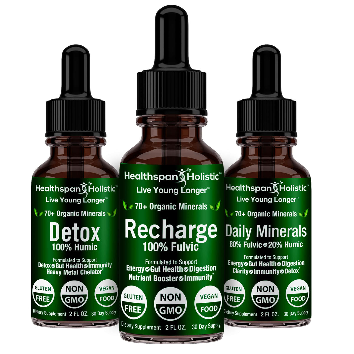 Herbal supplement bottles with black droppers: Detox, Recharge, Daily Minerals, 70+ minerals