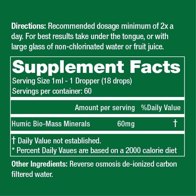 Supplement Facts label: Serving size 1 ml, Humic Bio-Mass Minerals 60 mg