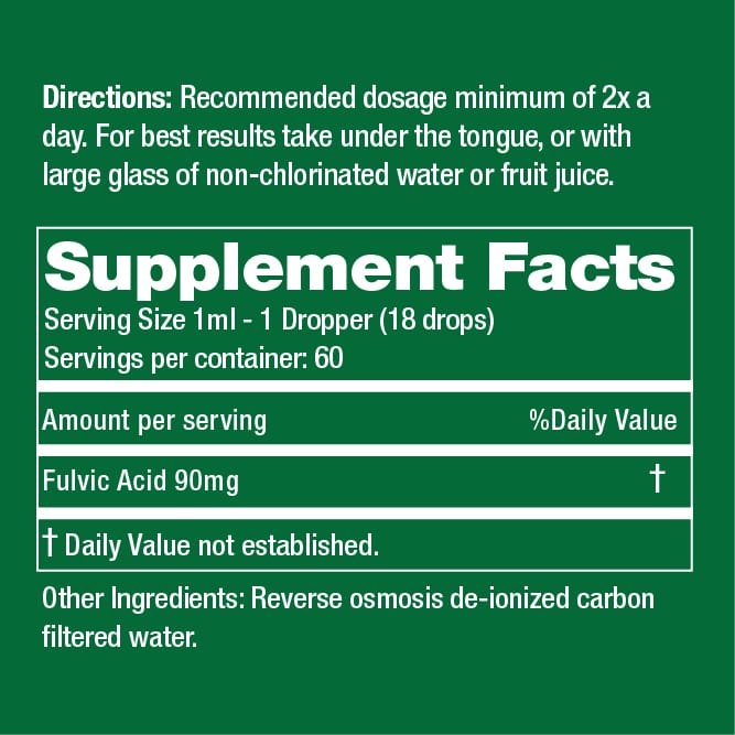 Supplement Facts label: Serving size 1 ml, Fulvic Acid 90 mg