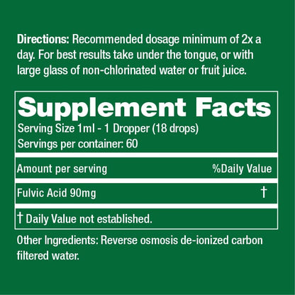 Supplement Facts label: Serving size 1 ml, Fulvic Acid 90 mg