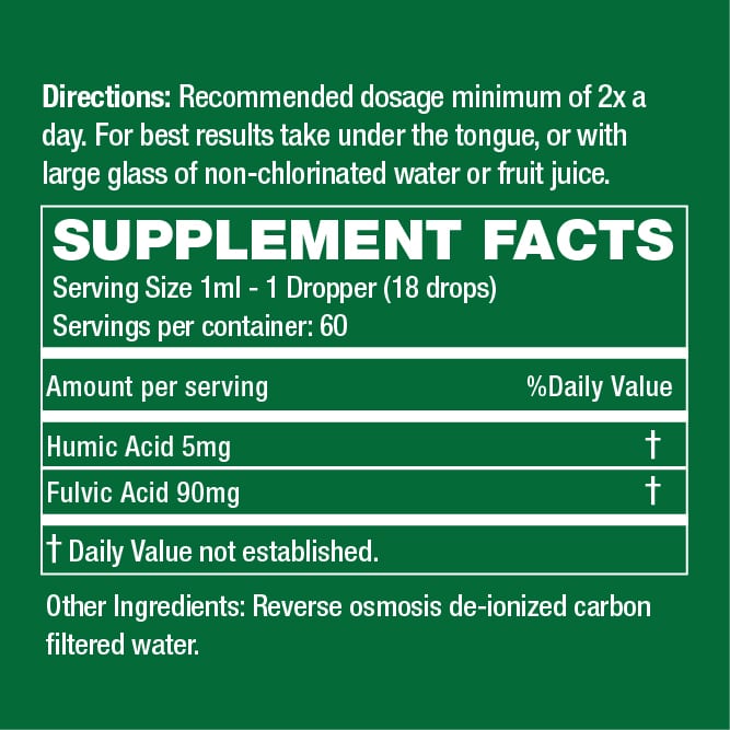 Supplement Facts label: Serving size 1 ml, Humic Acid 5 mg and Fulvic Acid 90 mg