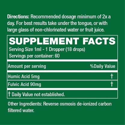 Supplement Facts label: Serving size 1 ml, Humic Acid 5 mg and Fulvic Acid 90 mg