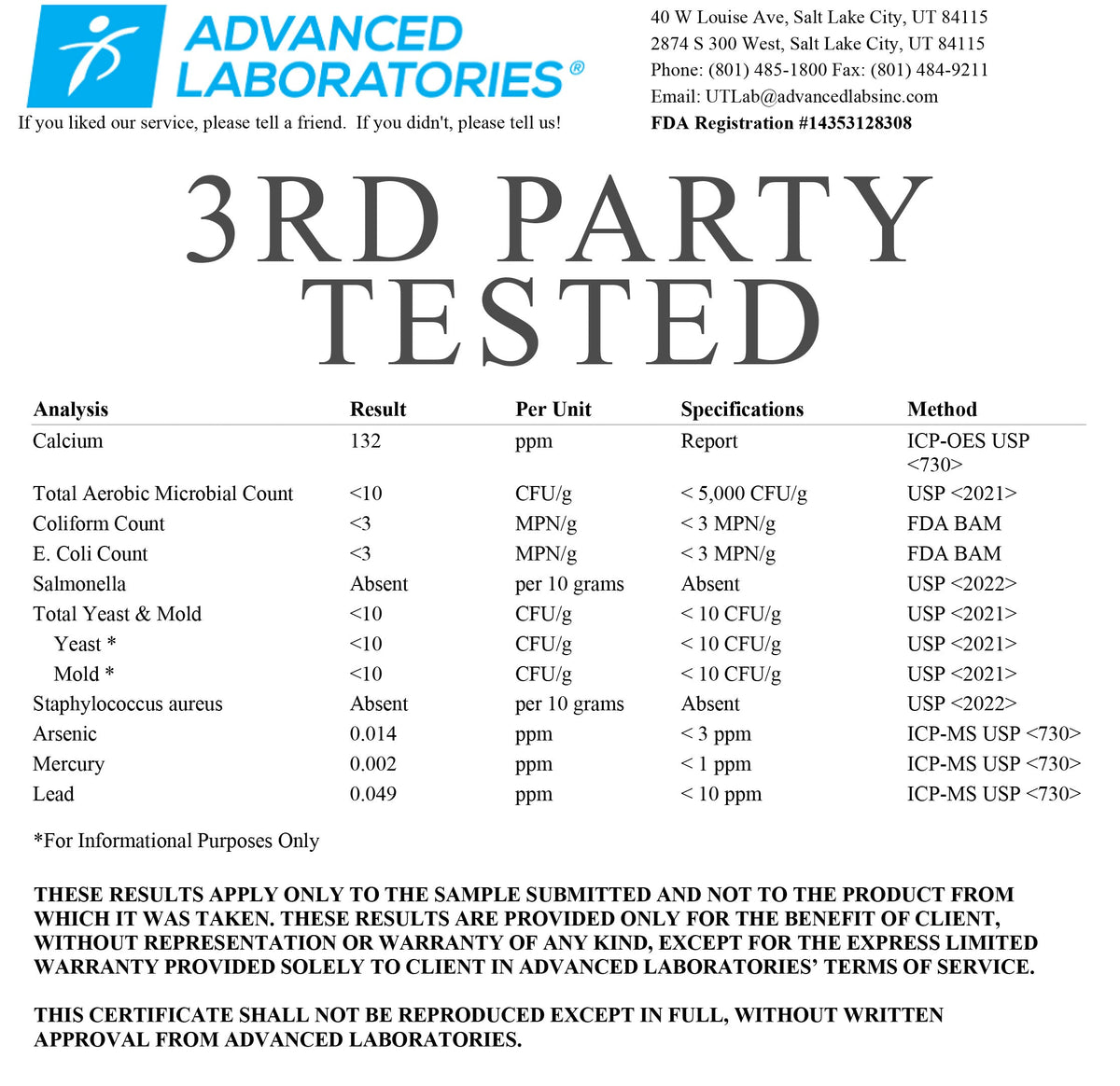Advanced Laboratories 3rd party tested certificate with analysis results and specifications
