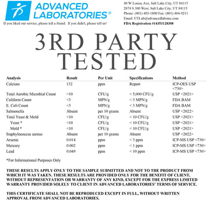 Advanced Laboratories 3rd party tested certificate with analysis results and specifications