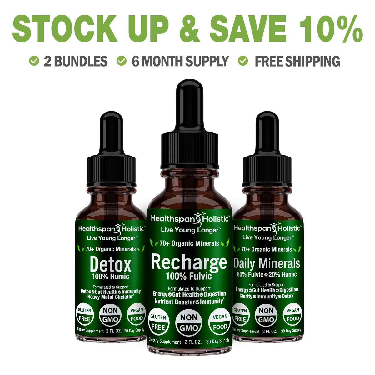 Three dark amber dropper bottles: Detox, Recharge, Daily Minerals, 2-bundle offer