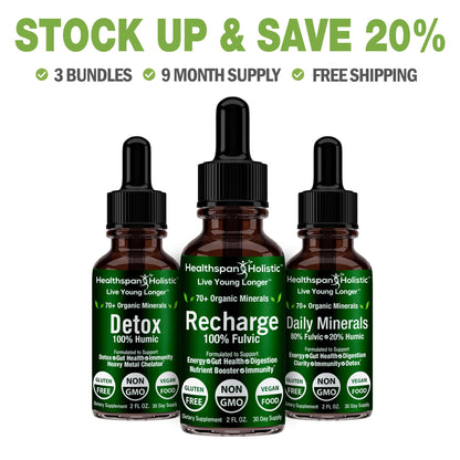 Three dark amber dropper bottles: Detox, Recharge, Daily Minerals, 3-bundle offer