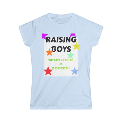 Light blue T-shirt with colorful “RAISING BOYS” graphic and star accents; “SEND HELP & COFFEE”.