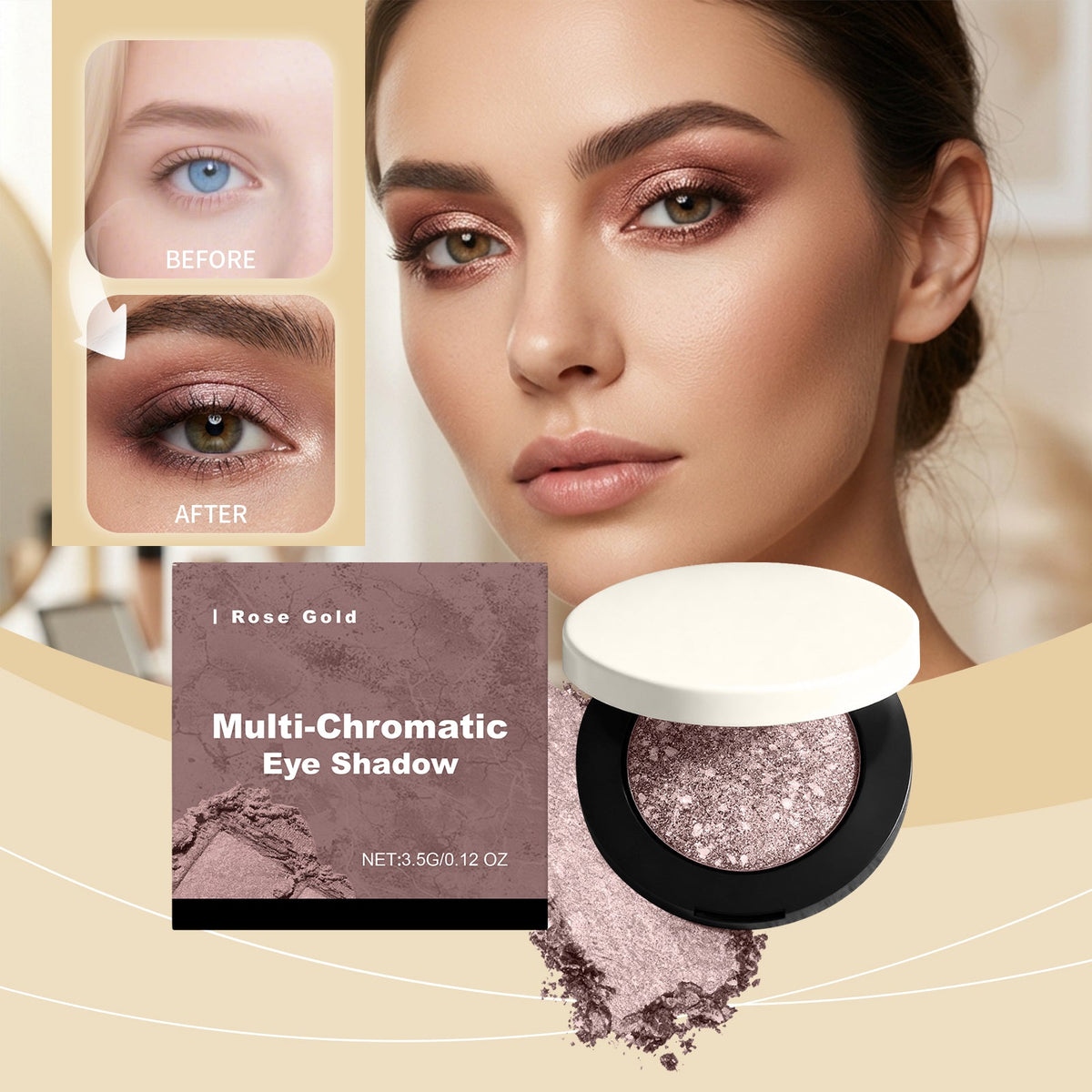 Rose gold multi-chromatic 3D eye shadow compact with glitter pan and before-after eye look