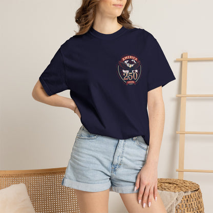 Navy T-shirt with America 250 Years eagle emblem, worn by model
