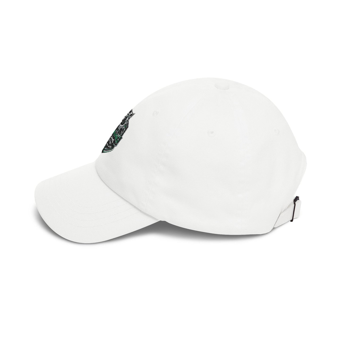 Fleming Racing soccer crest dad cap, white, side detail patch