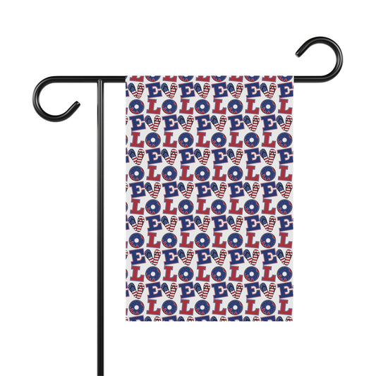 Patriotic LOVE pattern garden flag on black pole hooks, blue/white with red LOVE print