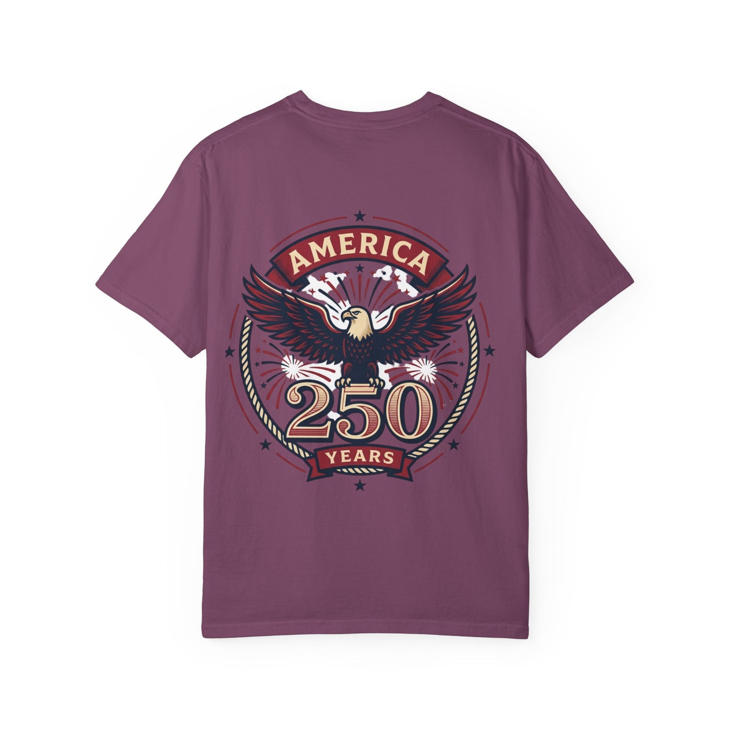 Burgundy unisex T-shirt with eagle badge 'America 250 Years' graphic on front