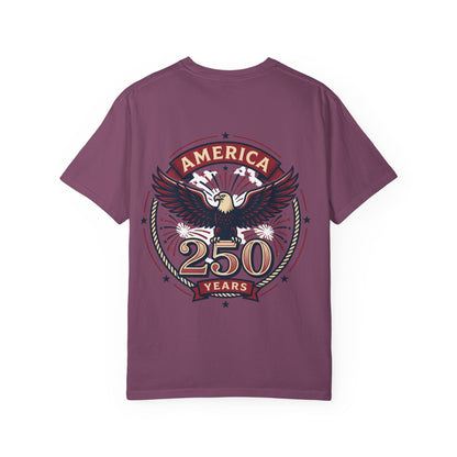 Burgundy unisex T-shirt with eagle badge 'America 250 Years' graphic on front