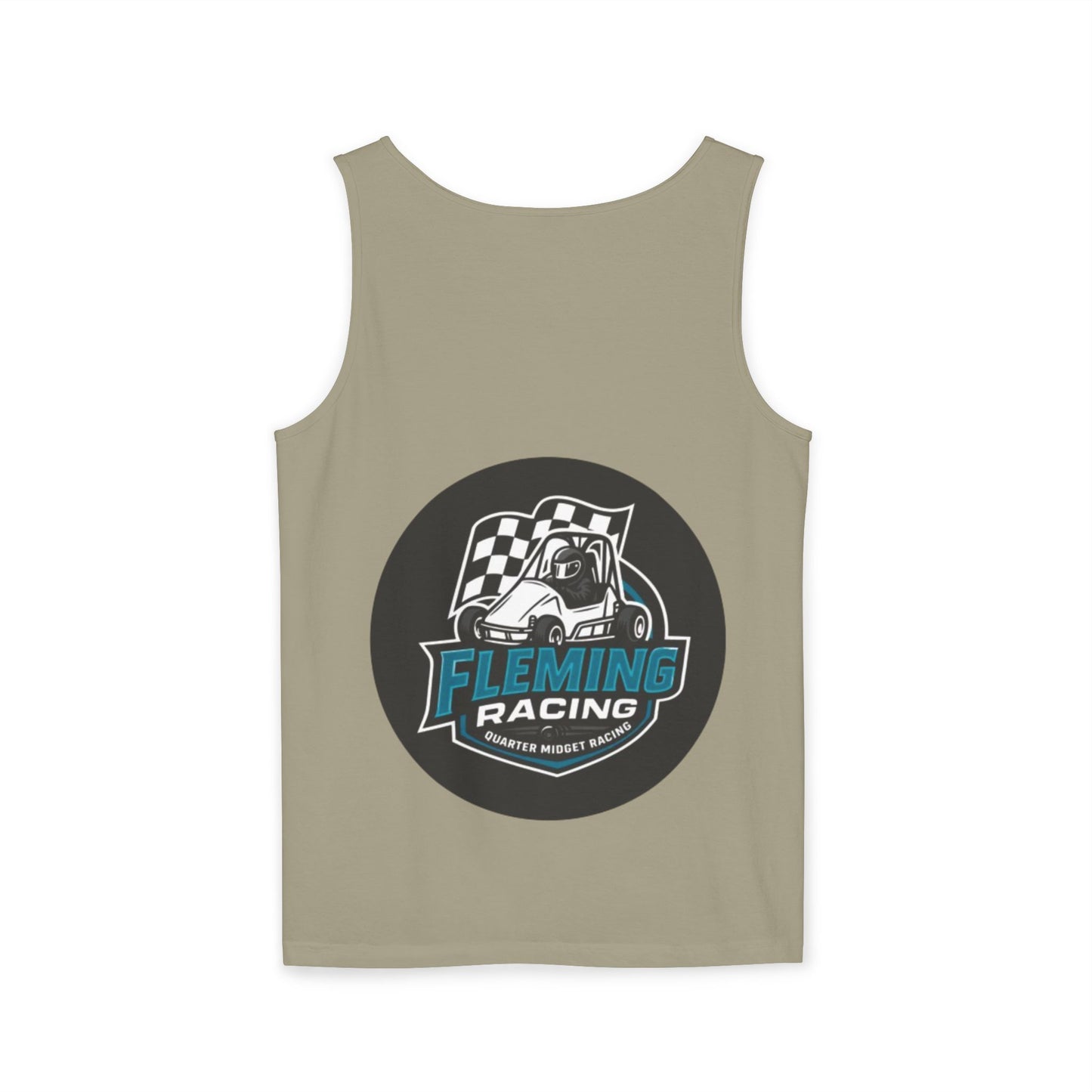 Olive racing tank top with round motorsports graphic logo print