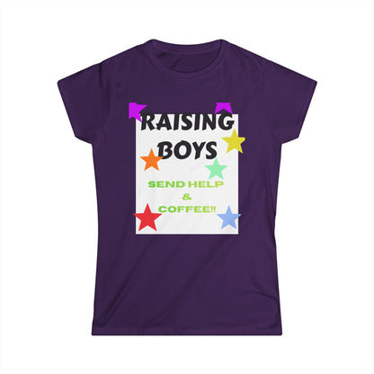 Purple graphic T-shirt with “Raising Boys” stars and “Send Help & Coffee” text