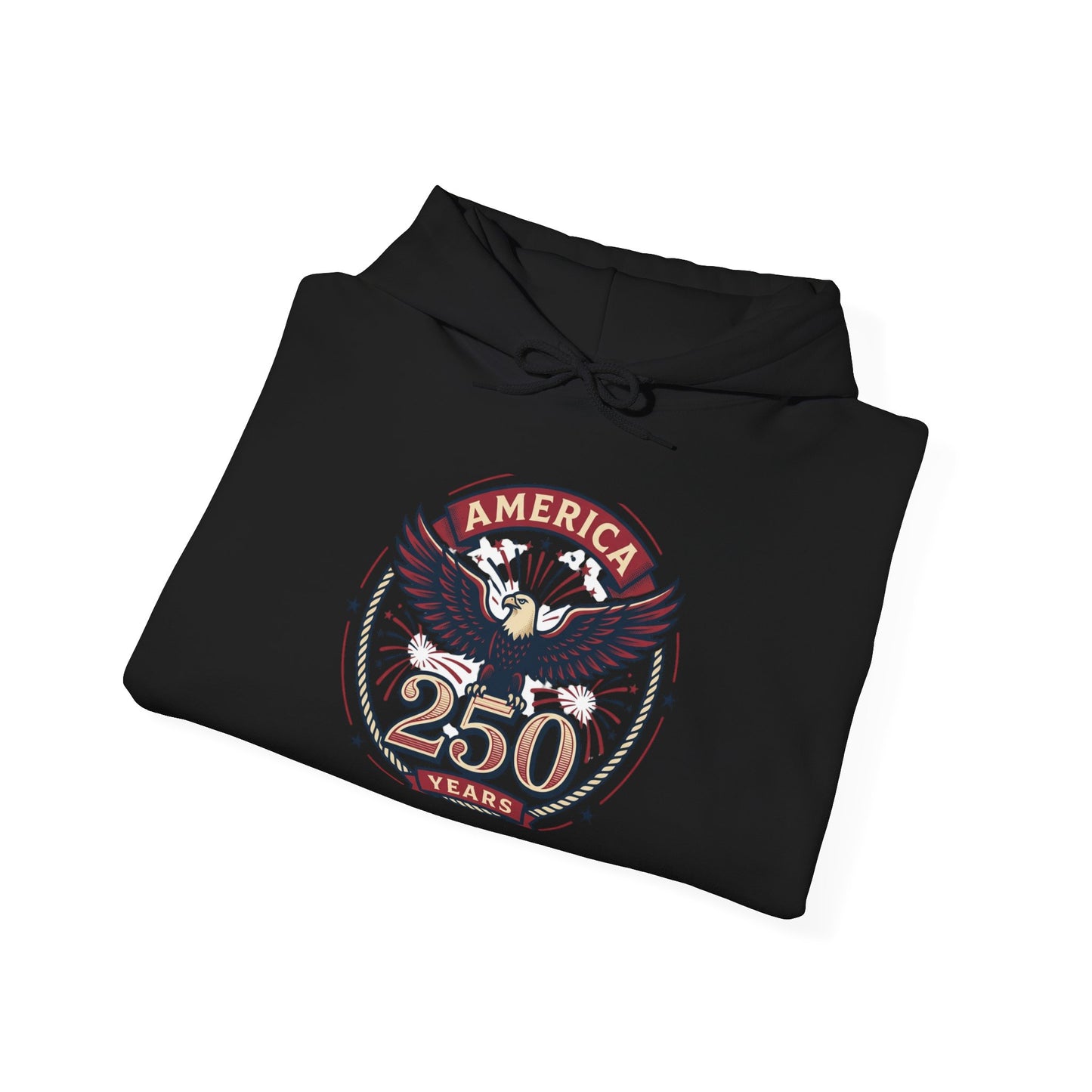 Black pullover hoodie with eagle “250 years” graphic on the front