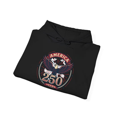 Black pullover hoodie with eagle “250 years” graphic on the front