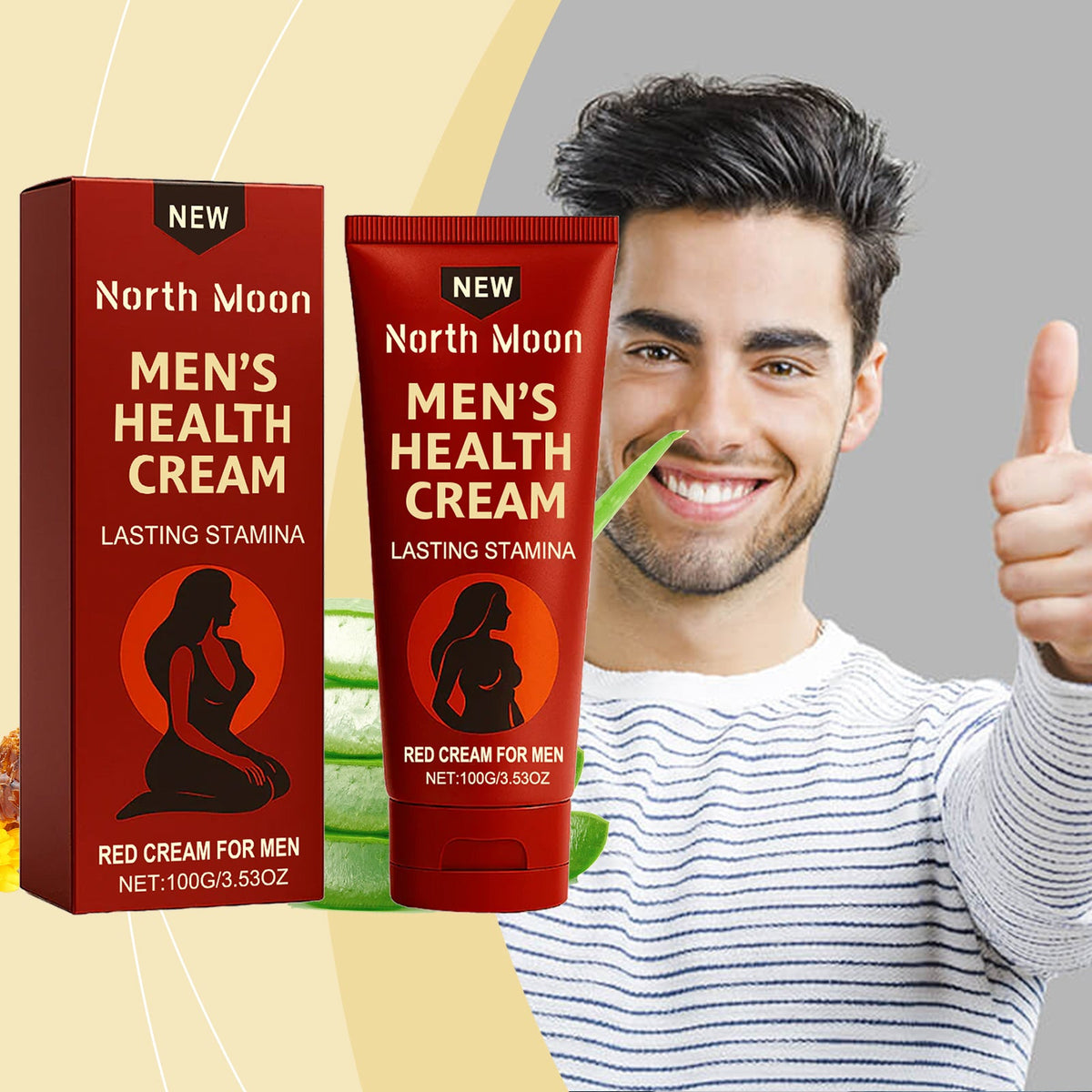 Men's health cream: North Moon red tube next to red carton box