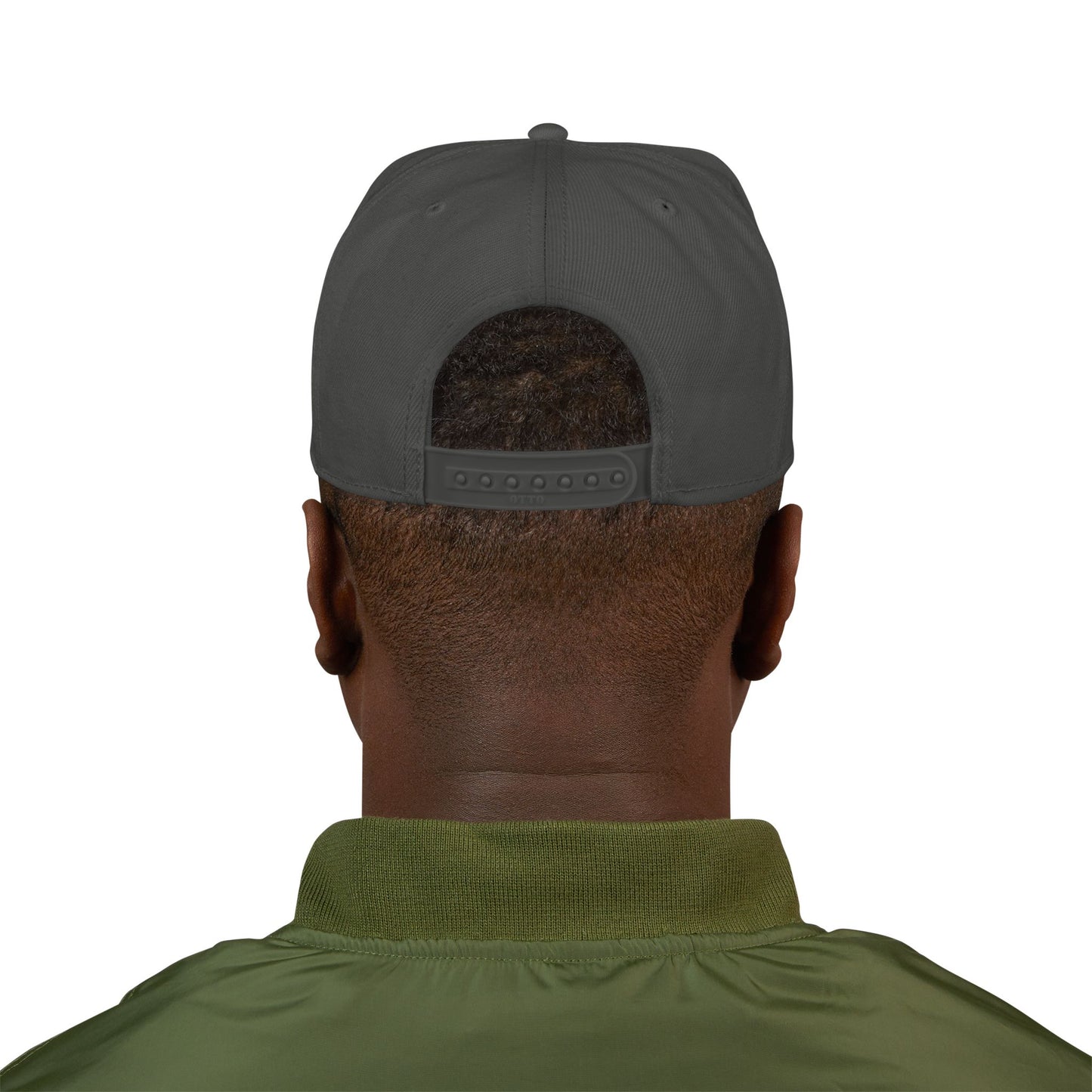 Baseball cap in dark gray with adjustable snap band, rear view