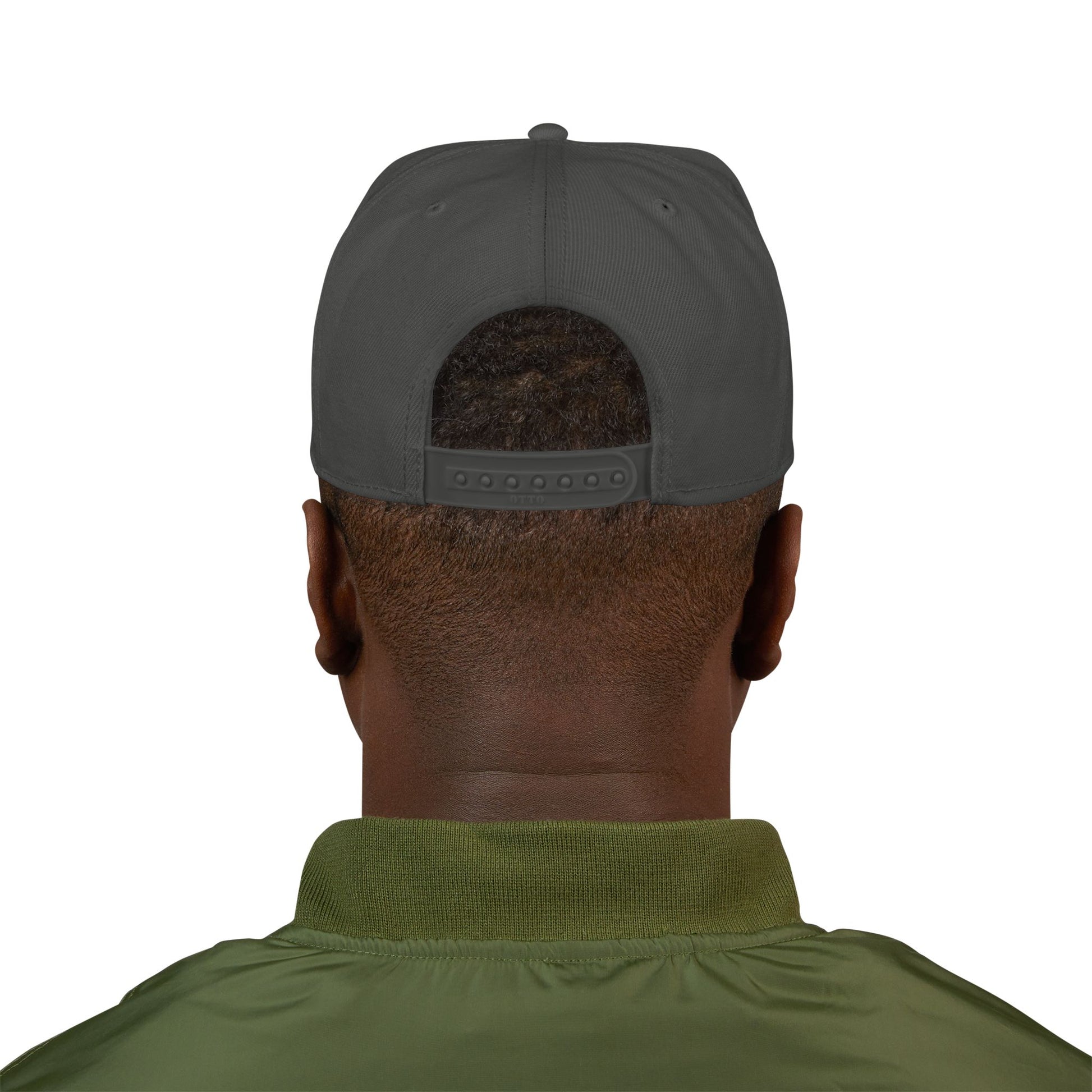 Baseball cap in dark gray with adjustable snap band, rear view