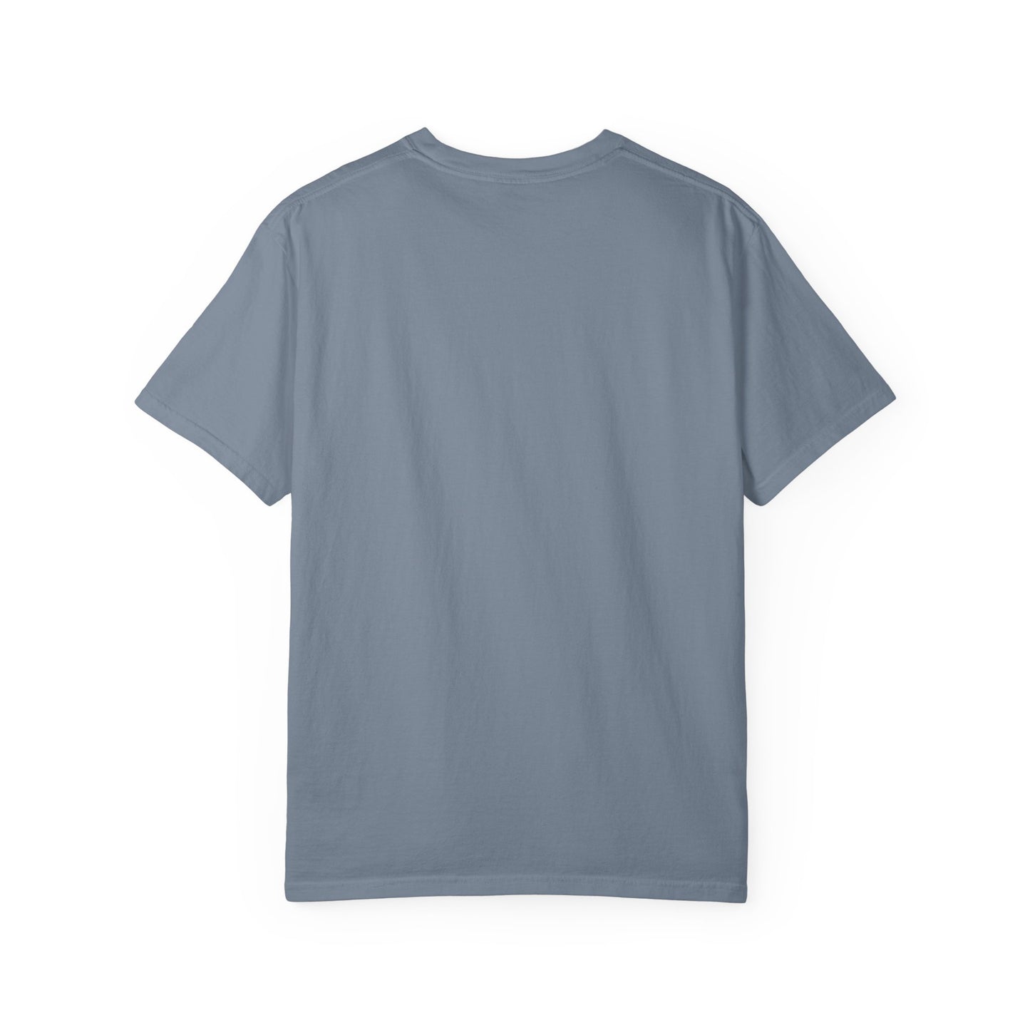 Blue-gray T-shirt with crew neck and short sleeves, no visible graphic.