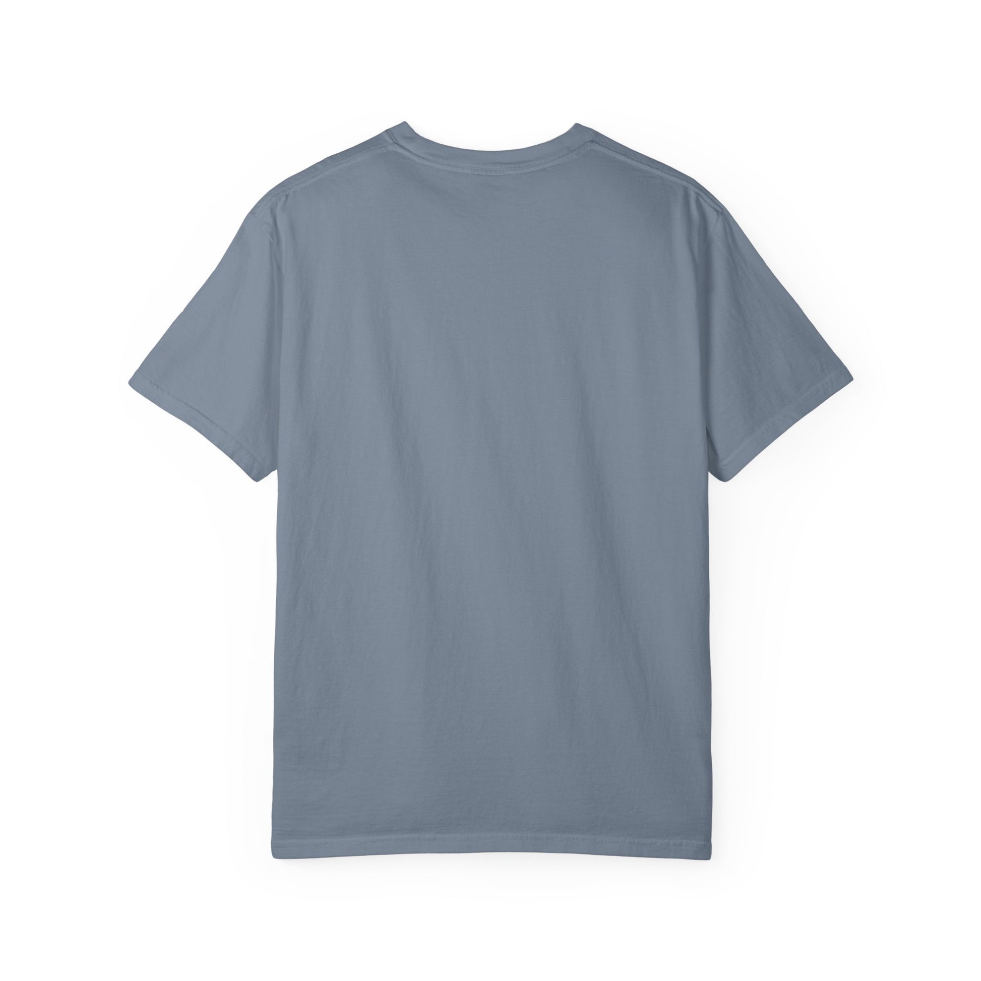 Blue-gray T-shirt with crew neck and short sleeves, no visible graphic.