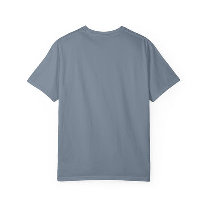 Blue-gray T-shirt with crew neck and short sleeves, no visible graphic.