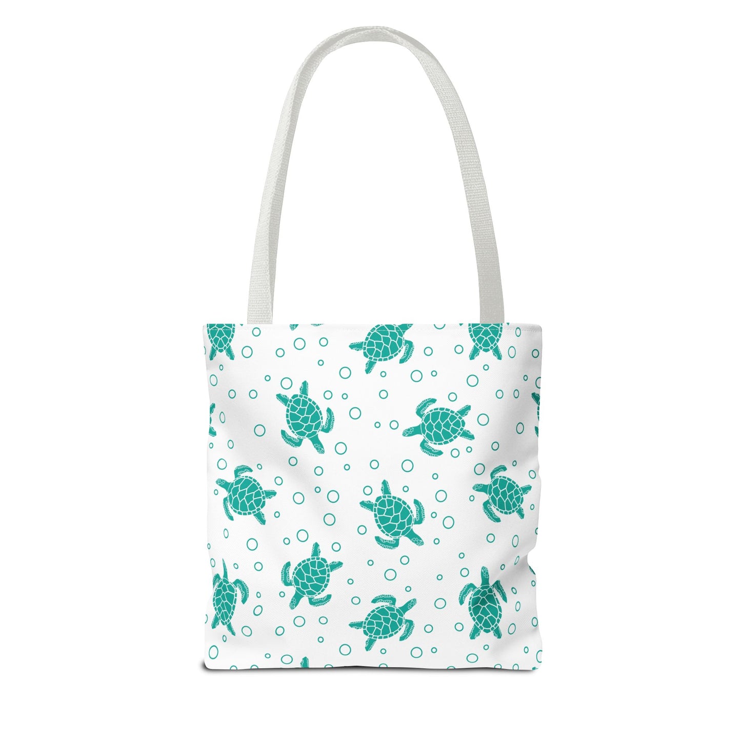 Tote bag with repeating teal sea turtle pattern and white carrying handles