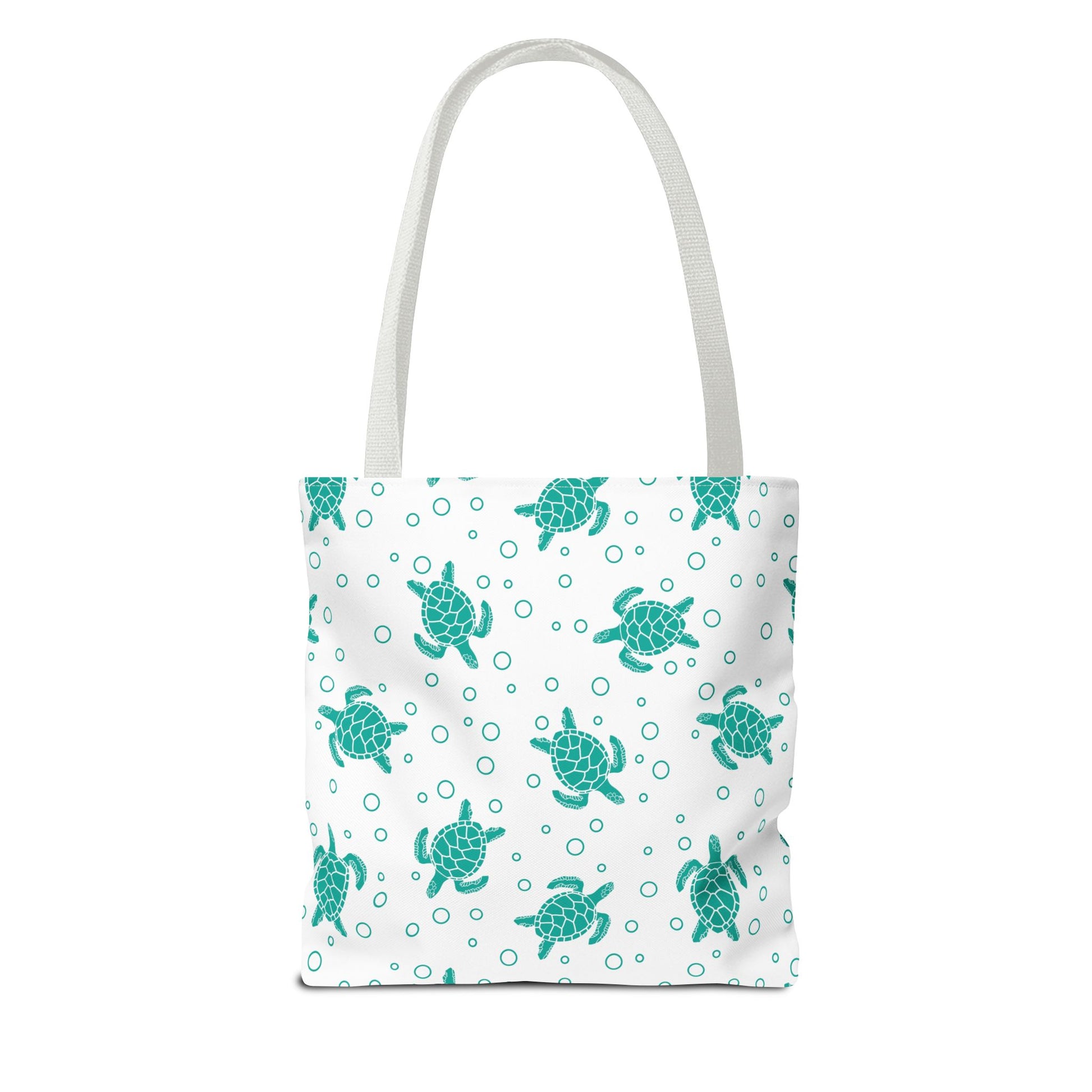 Sea turtle print tote bag with teal turtles on white, light gray carry handles