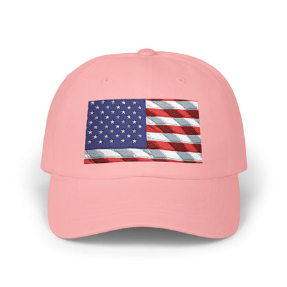 Pink dad cap with distressed American flag patch embroidery on front