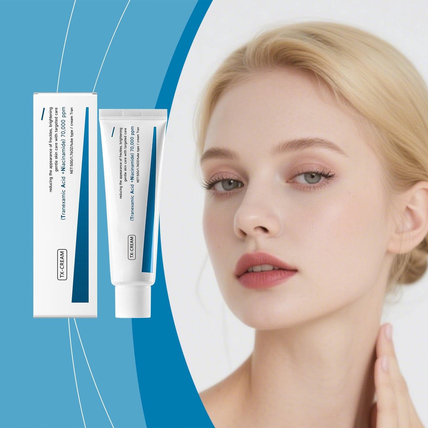 Brightening spot-reducing cream tube and carton with teal logo stripe