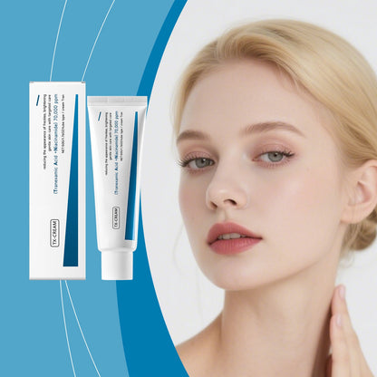 Brightening spot-reducing cream tube and carton with teal logo stripe