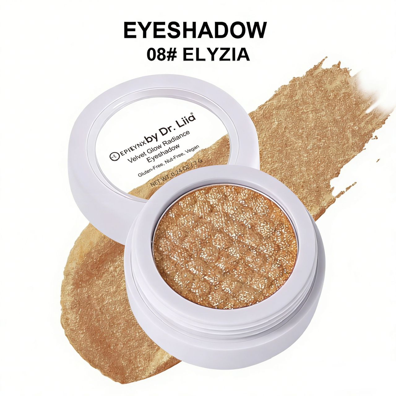 Eyeshadow compact with bronze shimmer pan and matching swatch