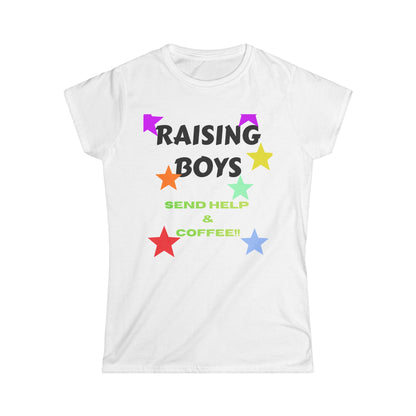 White T-shirt with colorful “RAISING BOYS” graphic and star accents; “SEND HELP & COFFEE”.