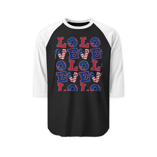 Raglan baseball shirt with black body, white sleeves, and 'LOL' patriotic letter graphic