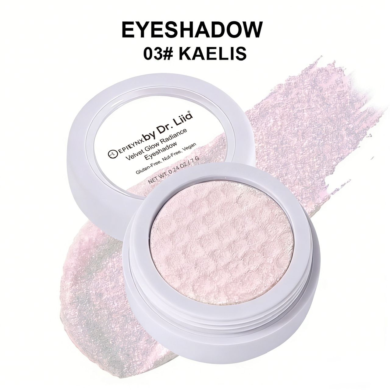 Soft pink shimmer eyeshadow in a pan, shade 03 Kaelis