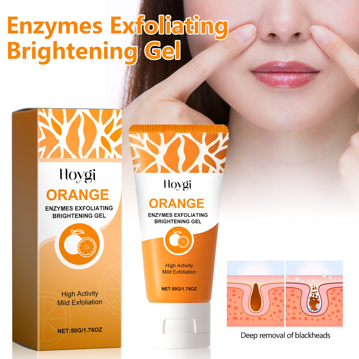 Hoygi orange exfoliating brightening gel tube with cap and product box, 50 g