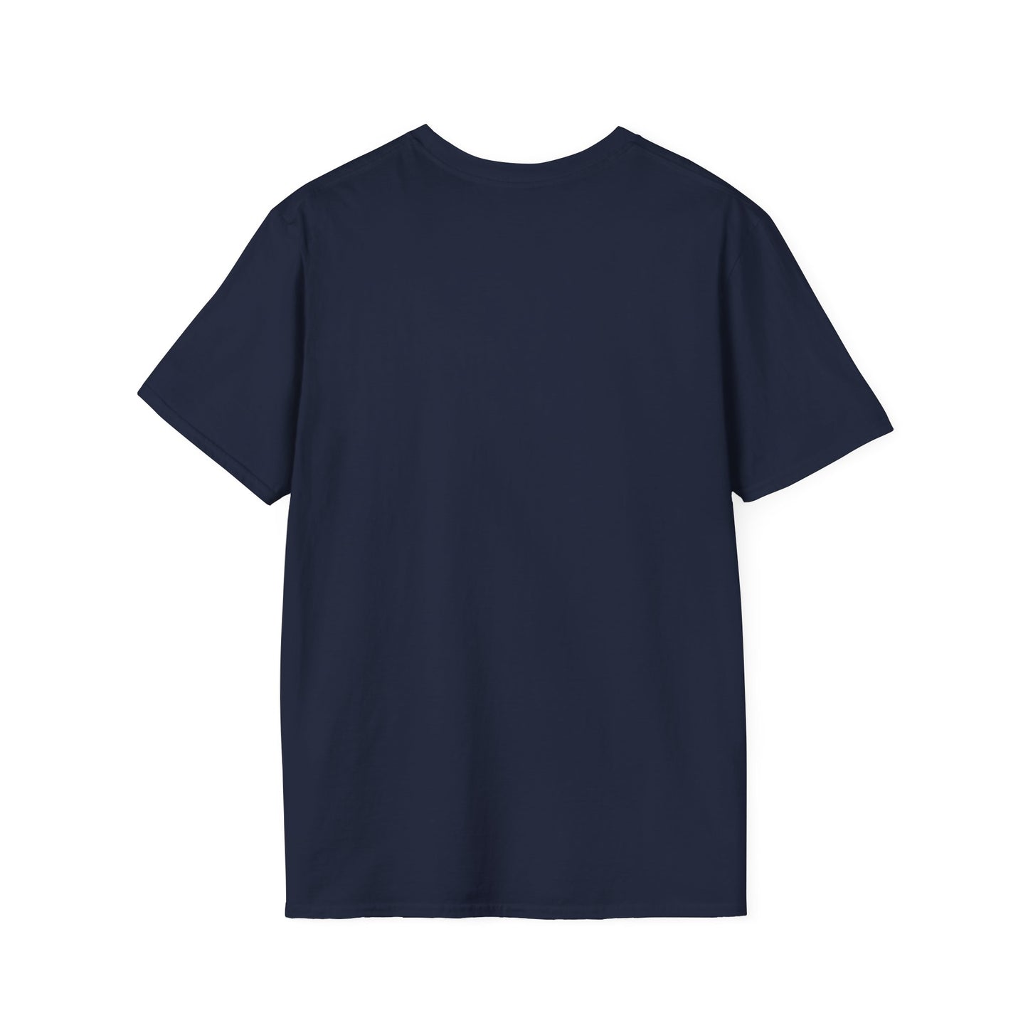Navy crewneck T-shirt, no front print visible