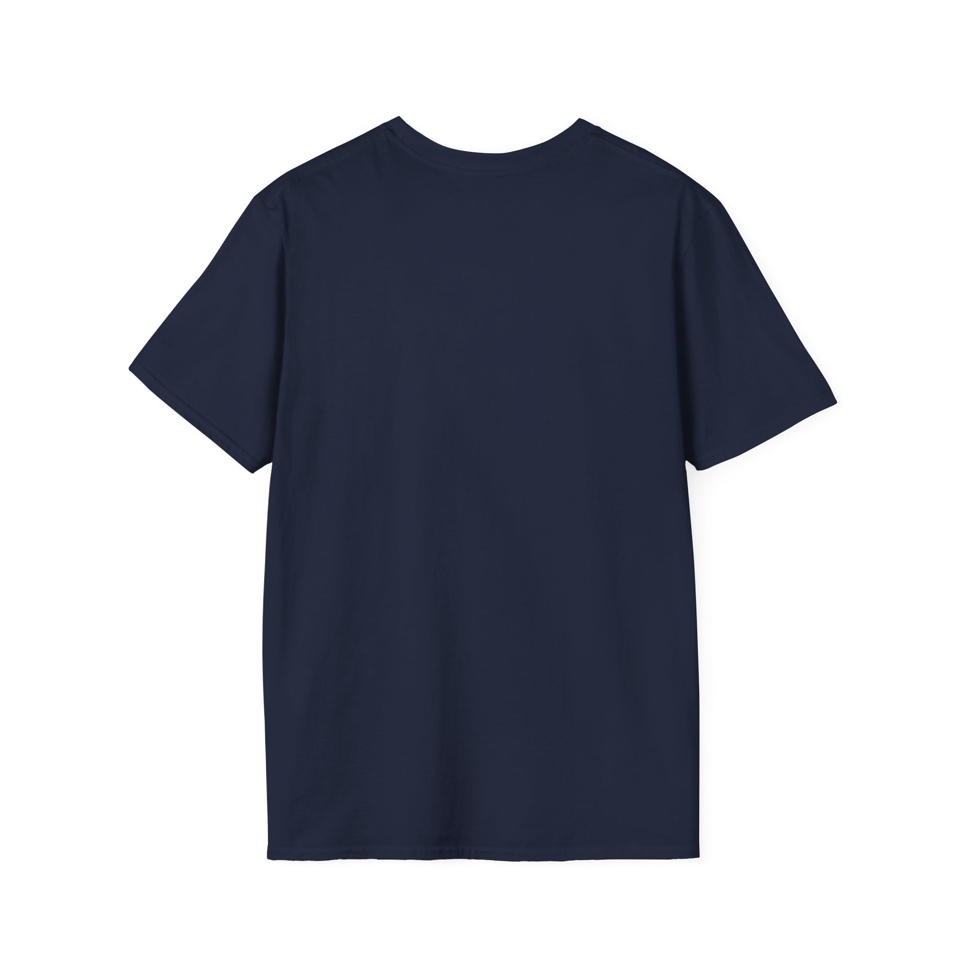 Navy crewneck T-shirt, no front print visible
