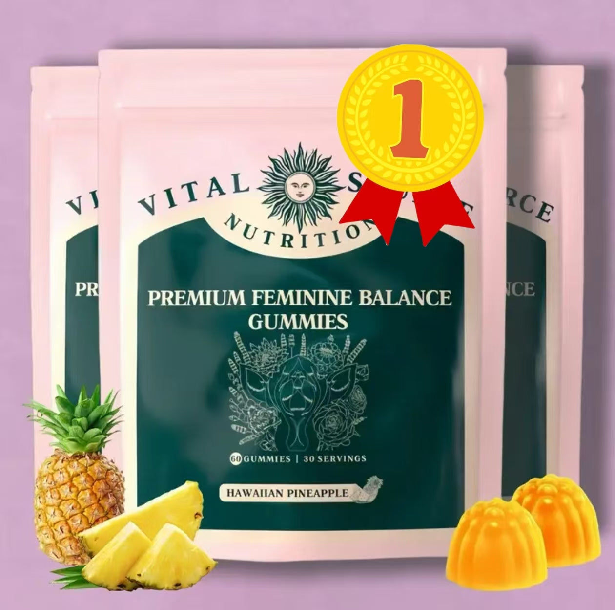 Premium Feminine Balance Gummies pouch with gold 1 badge, Hawaiian pineapple gummies