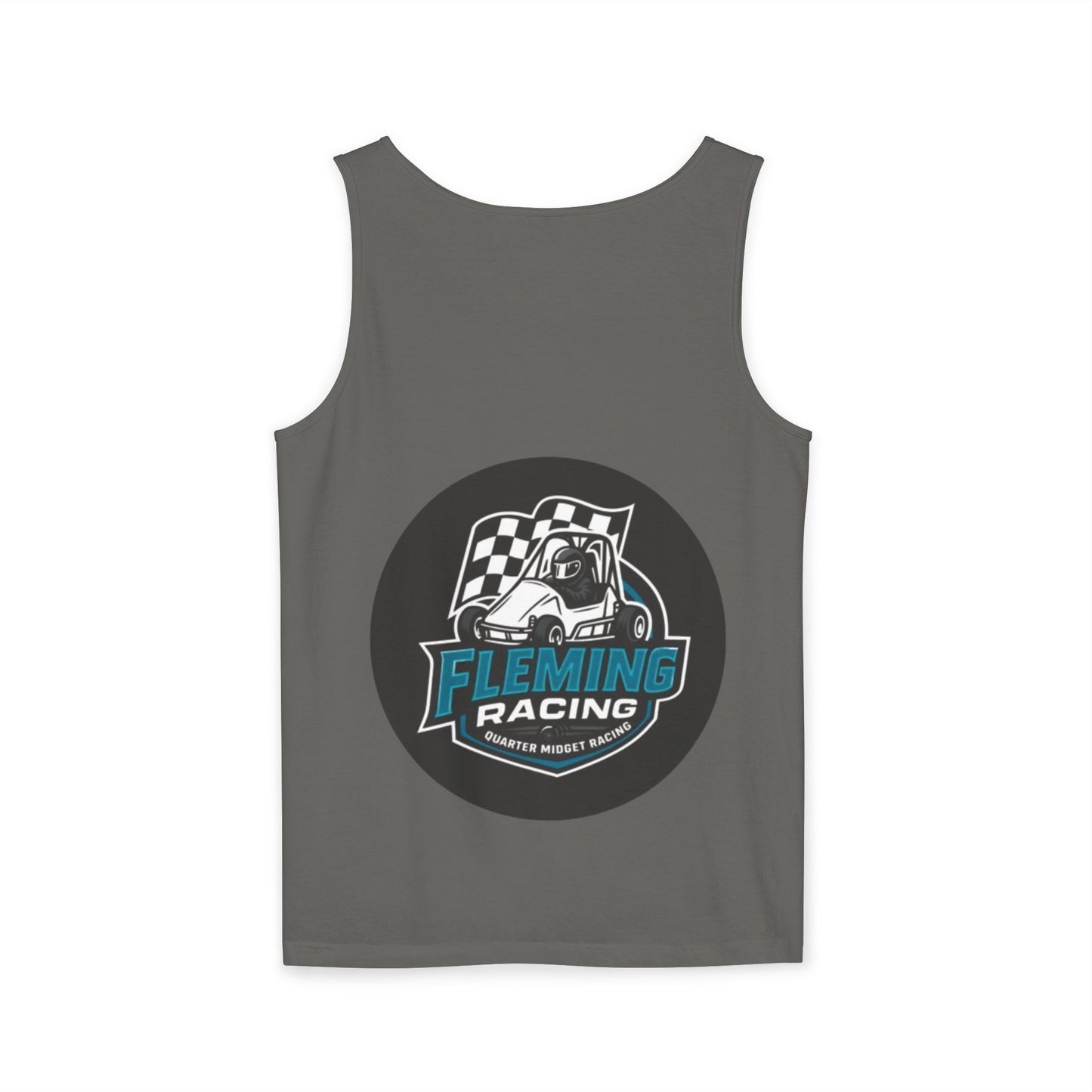Fleming Racing tank top in dark gray, front race logo circle graphic