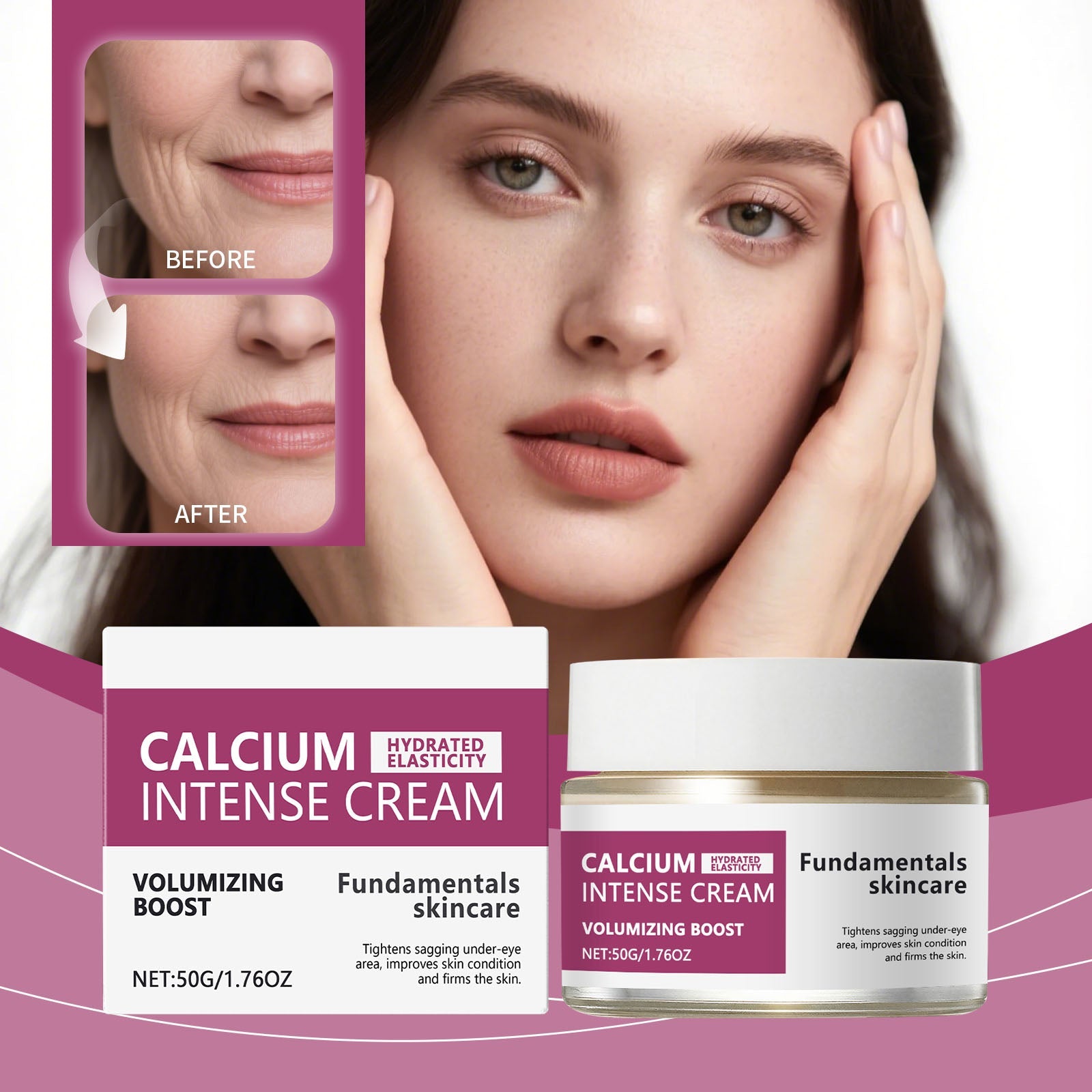 Moisturizing cream jar with gold lid and matching box over a model’s face.