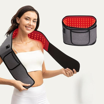 Light therapy belt with illuminated LED array and separate controller unit pocket