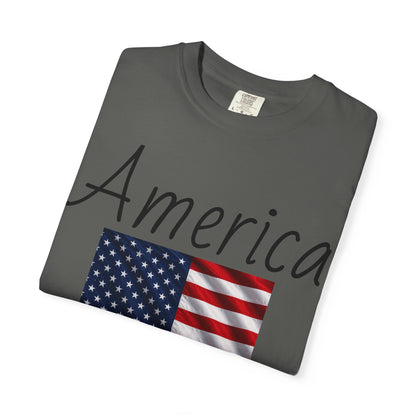Unisex graphic T-shirt, dark gray with “America” script and U.S. flag graphic