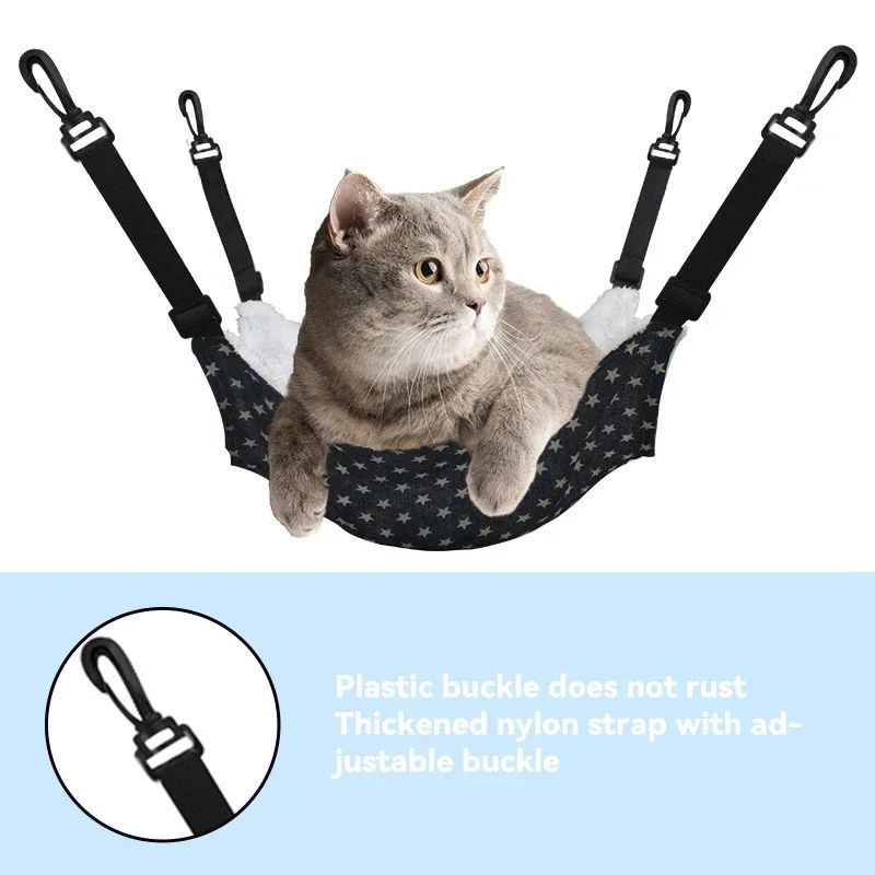 Cat hammock with dark star-pattern fabric and black hanging straps, padded bed